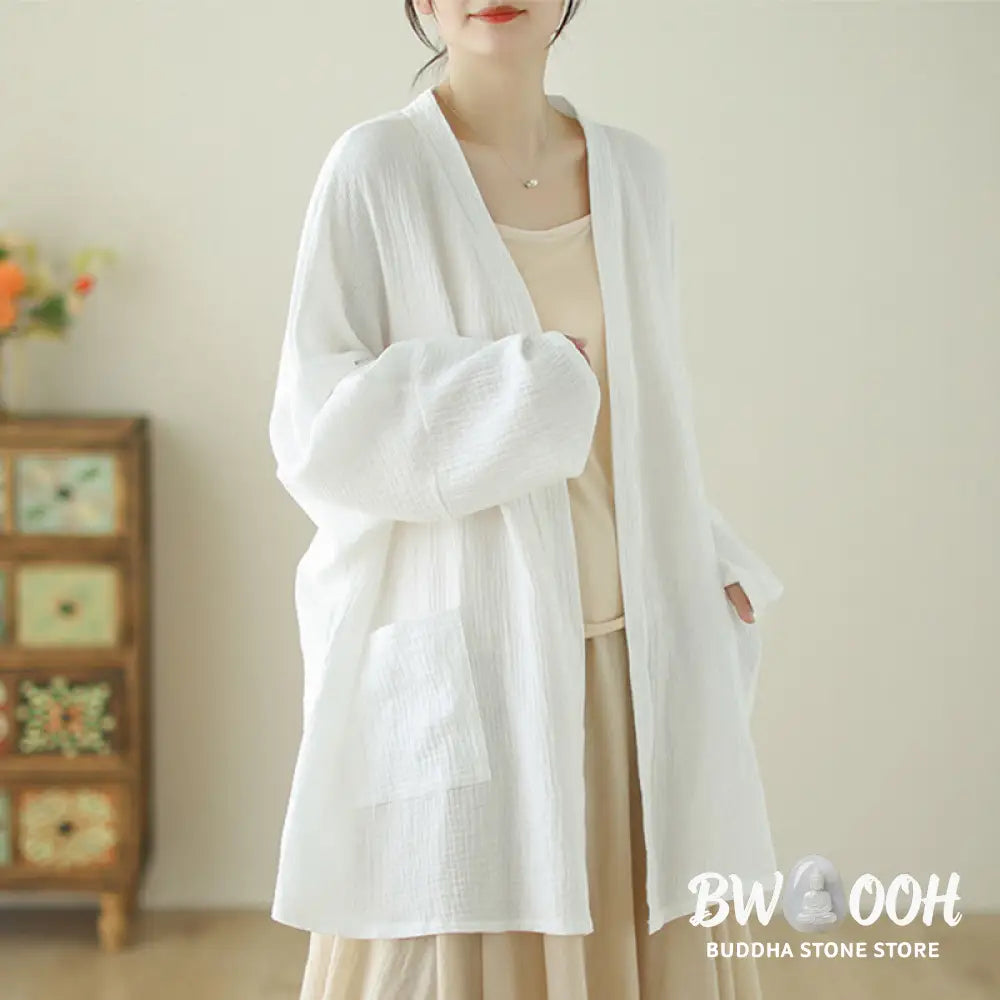 Buddha Stones Plain Long Sleeve Zen Meditation Cotton Linen Jacket With Pockets - Women’s Kimono