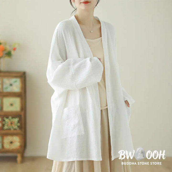 Buddha Stones Plain Long Sleeve Zen Meditation Cotton Linen Jacket With Pockets - Women’s Kimono