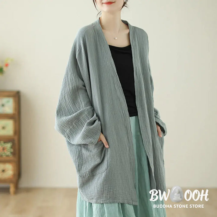 Buddha Stones Plain Long Sleeve Zen Meditation Cotton Linen Jacket With Pockets - Women’s Kimono