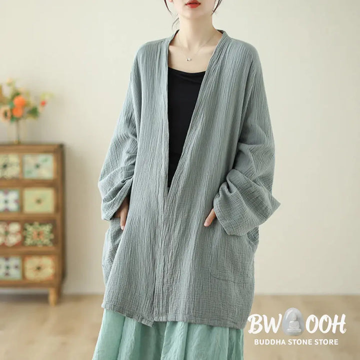 Buddha Stones Plain Long Sleeve Zen Meditation Cotton Linen Jacket With Pockets - Women’s Kimono