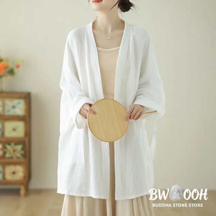 Buddha Stones Plain Long Sleeve Zen Meditation Cotton Linen Jacket With Pockets - Women’s Kimono