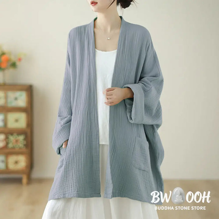Buddha Stones Plain Long Sleeve Zen Meditation Cotton Linen Jacket With Pockets - Women’s Kimono