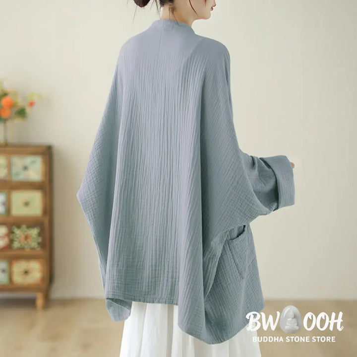 Buddha Stones Plain Long Sleeve Zen Meditation Cotton Linen Jacket With Pockets - Women’s Kimono