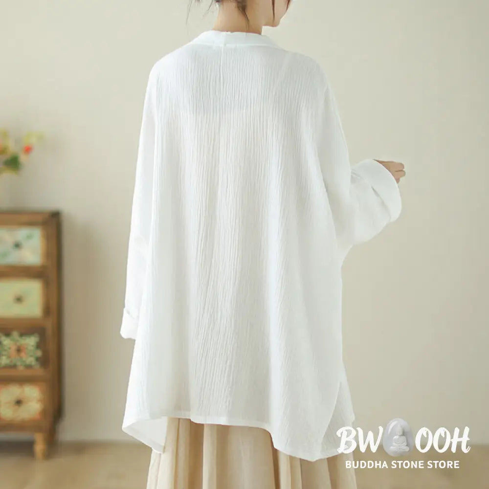 Buddha Stones Plain Long Sleeve Zen Meditation Cotton Linen Jacket With Pockets - Women’s Kimono