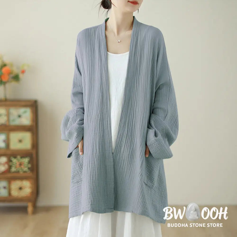 Buddha Stones Plain Long Sleeve Zen Meditation Cotton Linen Jacket With Pockets - Women’s Kimono