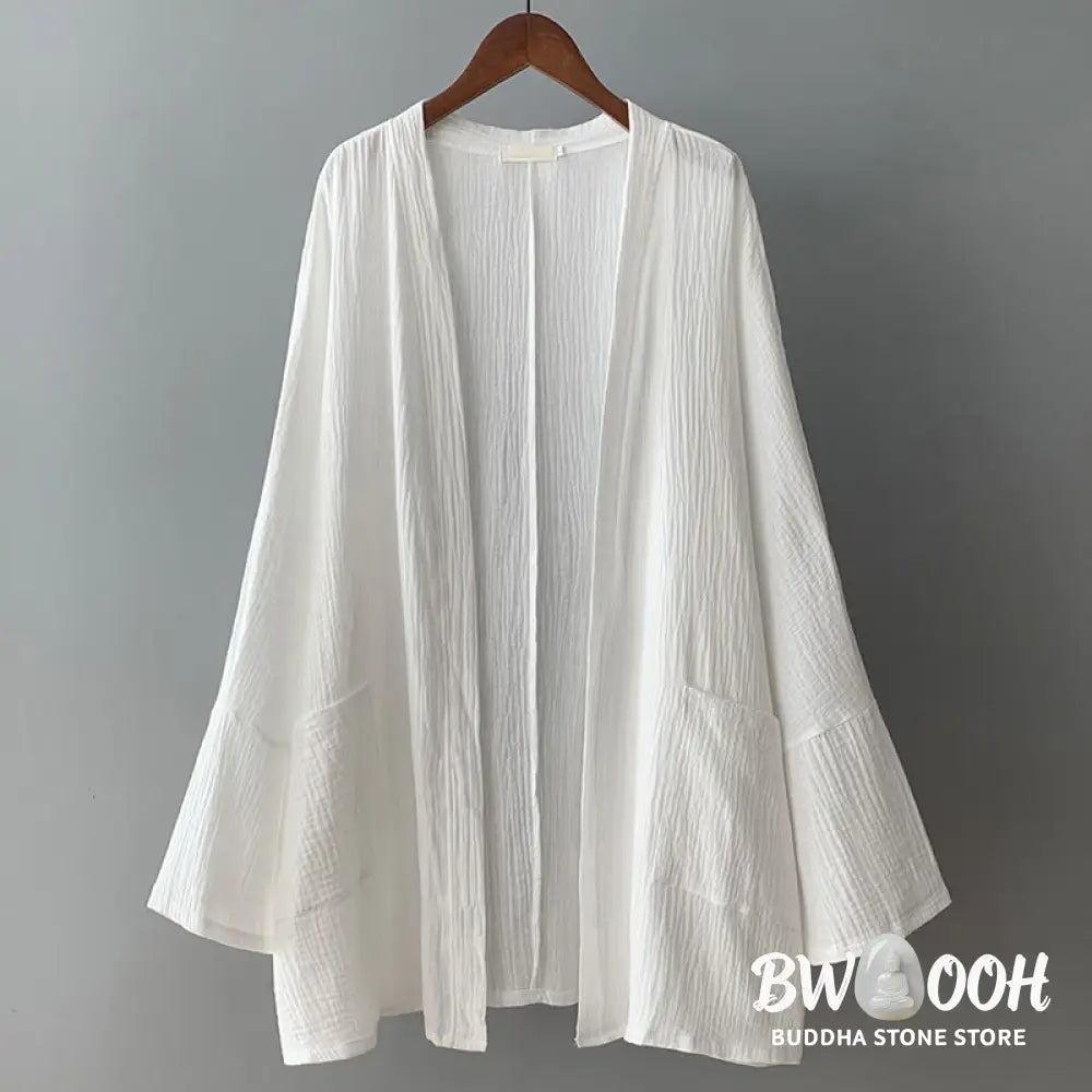 Buddha Stones Plain Long Sleeve Zen Meditation Cotton Linen Jacket With Pockets - Women’s Kimono