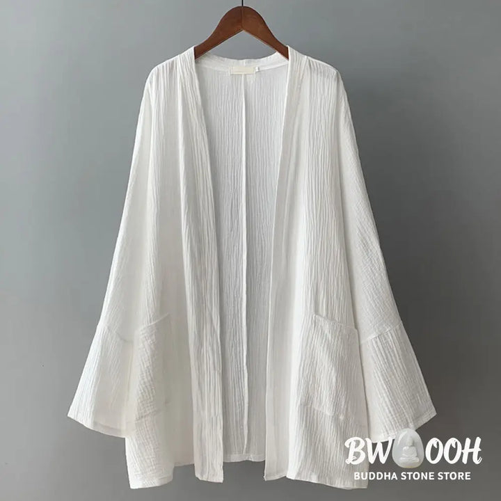 Buddha Stones Plain Long Sleeve Zen Meditation Cotton Linen Jacket With Pockets - Women’s Kimono