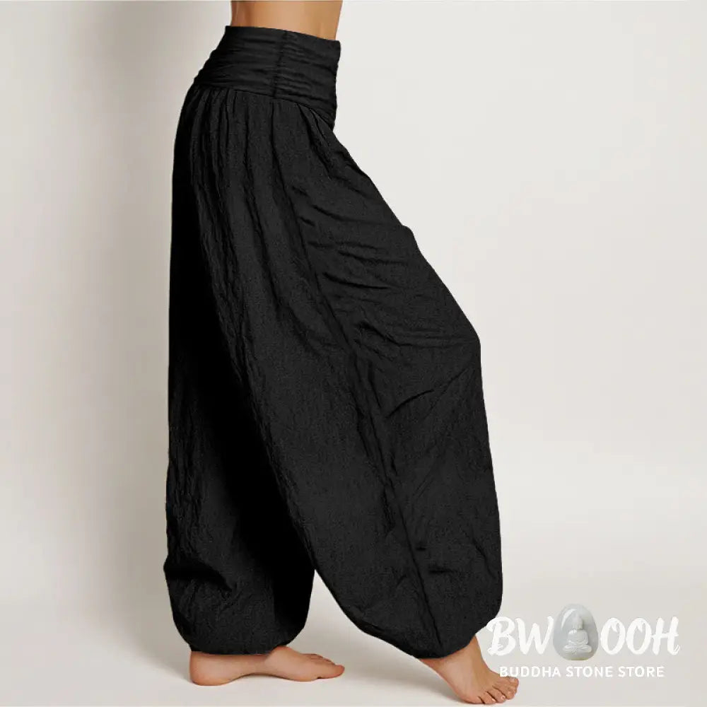 Buddha Stones Plain Lotus Om Pattern Women’s Elastic Waist Harem Cotton Pants - Women’s Harem Pants