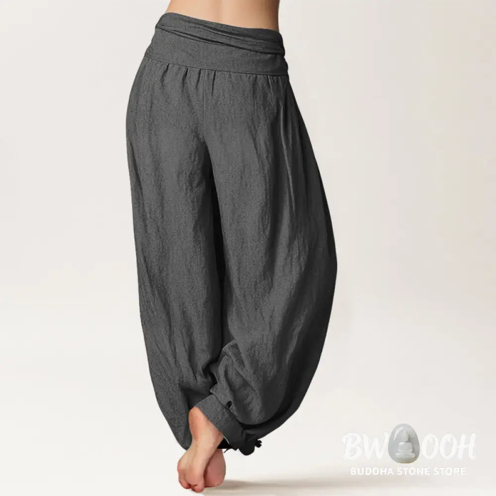 Buddha Stones Plain Lotus Om Pattern Women’s Elastic Waist Harem Cotton Pants - Women’s Harem Pants