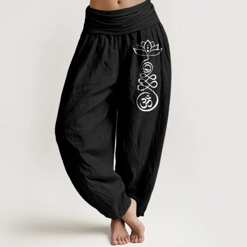 Buddha Stones Plain Lotus Om Pattern Women’s Elastic Waist Harem Cotton Pants - Black / US2，UK/AU6，EU34 (XS) - Women’s
