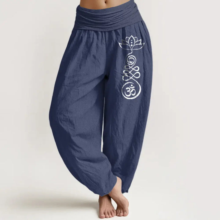 Buddha Stones Plain Lotus Om Pattern Women’s Elastic Waist Harem Cotton Pants - DarkSlateBlue / US2，UK/AU6，EU34 (XS)