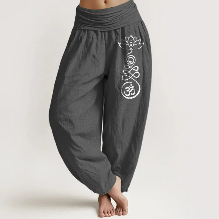 Buddha Stones Plain Lotus Om Pattern Women’s Elastic Waist Harem Cotton Pants - DimGray / US2，UK/AU6，EU34 (XS)