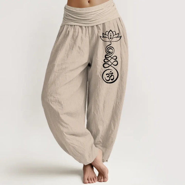 Buddha Stones Plain Lotus Om Pattern Women’s Elastic Waist Harem Cotton Pants - Tan / US2，UK/AU6，EU34 (XS) - Women’s