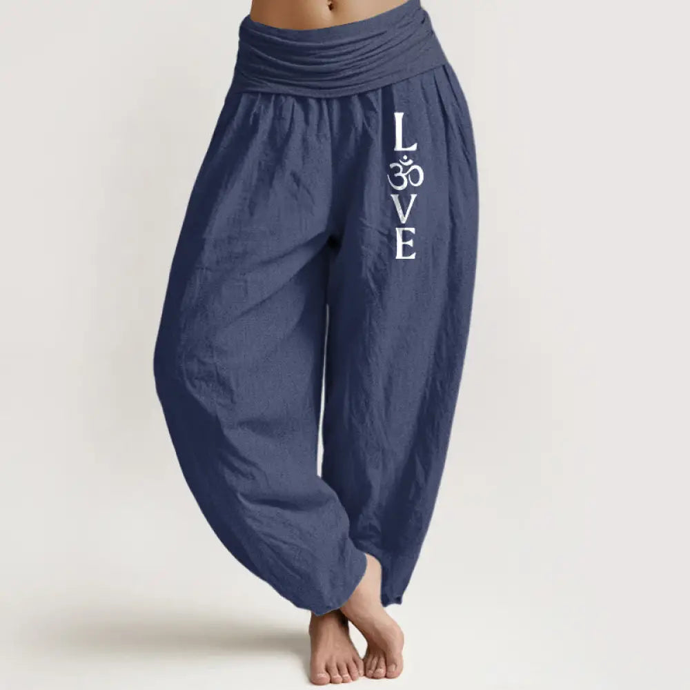 Buddha Stones Plain Om Symbol Pattern Women’s Elastic Waist Harem Pure Cotton Pants - DarkSlateBlue / US2，UK/AU6，EU34