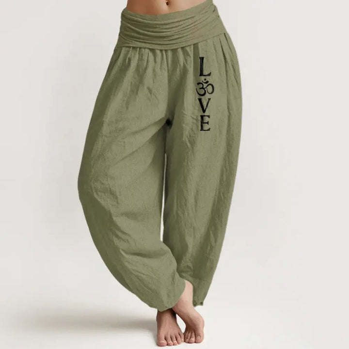 Buddha Stones Plain Om Symbol Pattern Women’s Elastic Waist Harem Pure Cotton Pants - OliveDrab / US2，UK/AU6，EU34 (XS)
