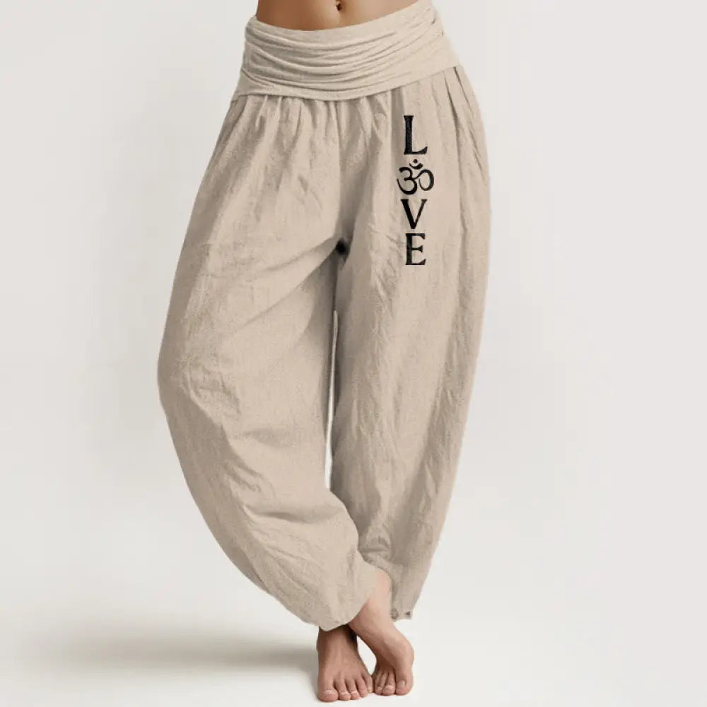 Buddha Stones Plain Om Symbol Pattern Women’s Elastic Waist Harem Pure Cotton Pants - Tan / US2，UK/AU6，EU34 (XS)
