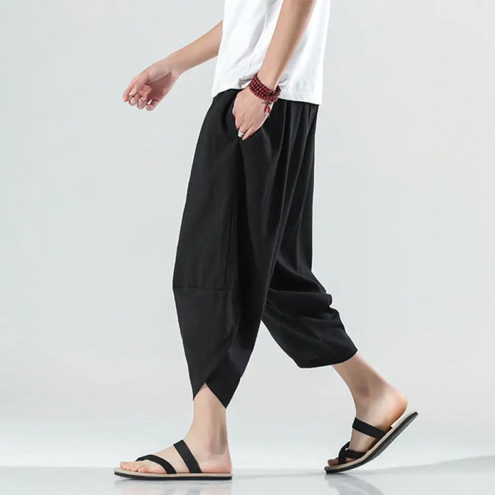 Buddha Stones Plain Simple Design Drawstring 7-8 Length Linen Men’s Harem Pants With Pockets - Black / US/UK/AU36，EU46