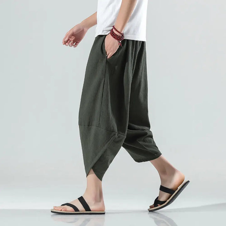 Buddha Stones Plain Simple Design Drawstring 7-8 Length Linen Men’s Harem Pants With Pockets - DarkOliveGreen