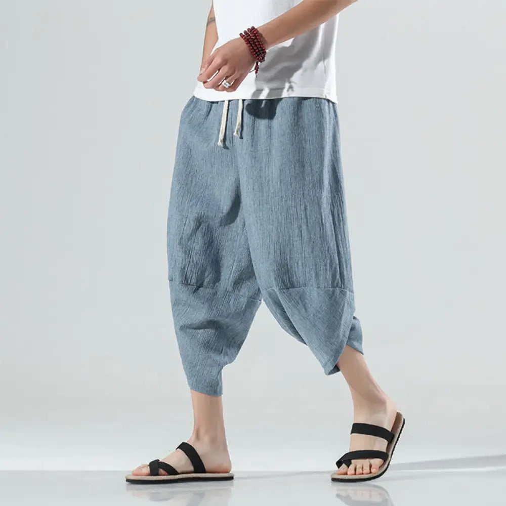 Buddha Stones Plain Simple Design Drawstring 7-8 Length Linen Men’s Harem Pants With Pockets - LightBlue