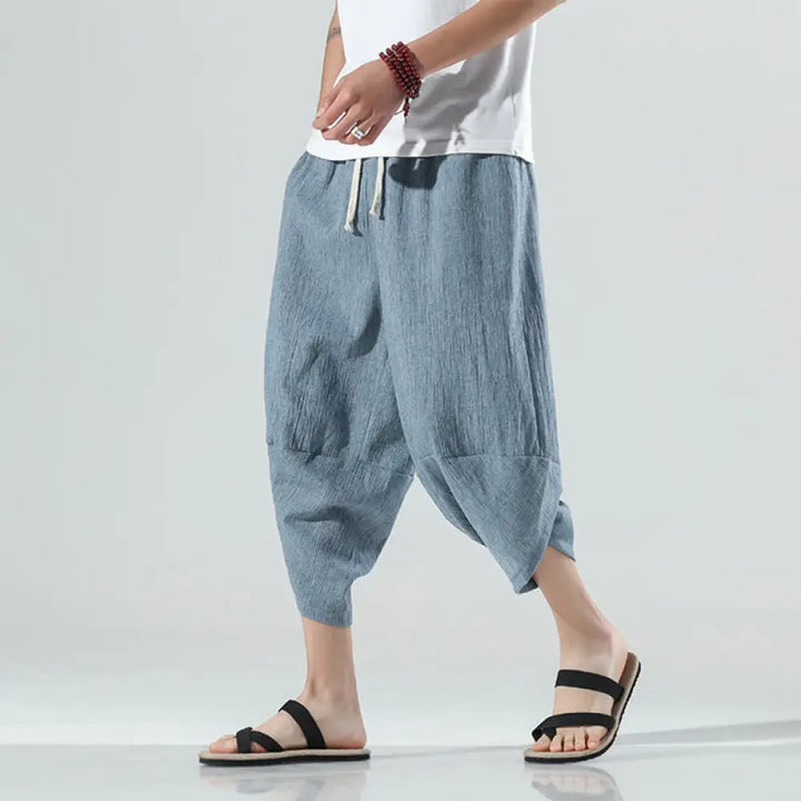 Buddha Stones Plain Simple Design Drawstring 7-8 Length Linen Men’s Harem Pants With Pockets - LightBlue