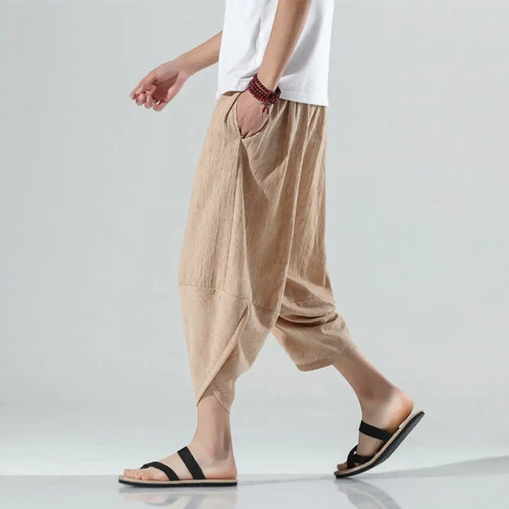 Buddha Stones Plain Simple Design Drawstring 7-8 Length Linen Men’s Harem Pants With Pockets - Moccasin