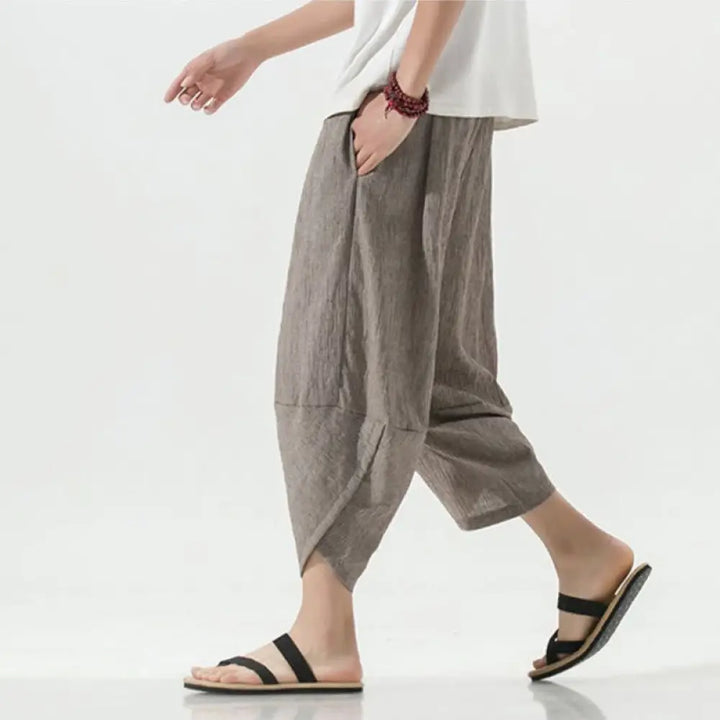 Buddha Stones Plain Simple Design Drawstring 7-8 Length Linen Men’s Harem Pants With Pockets - RosyBrown