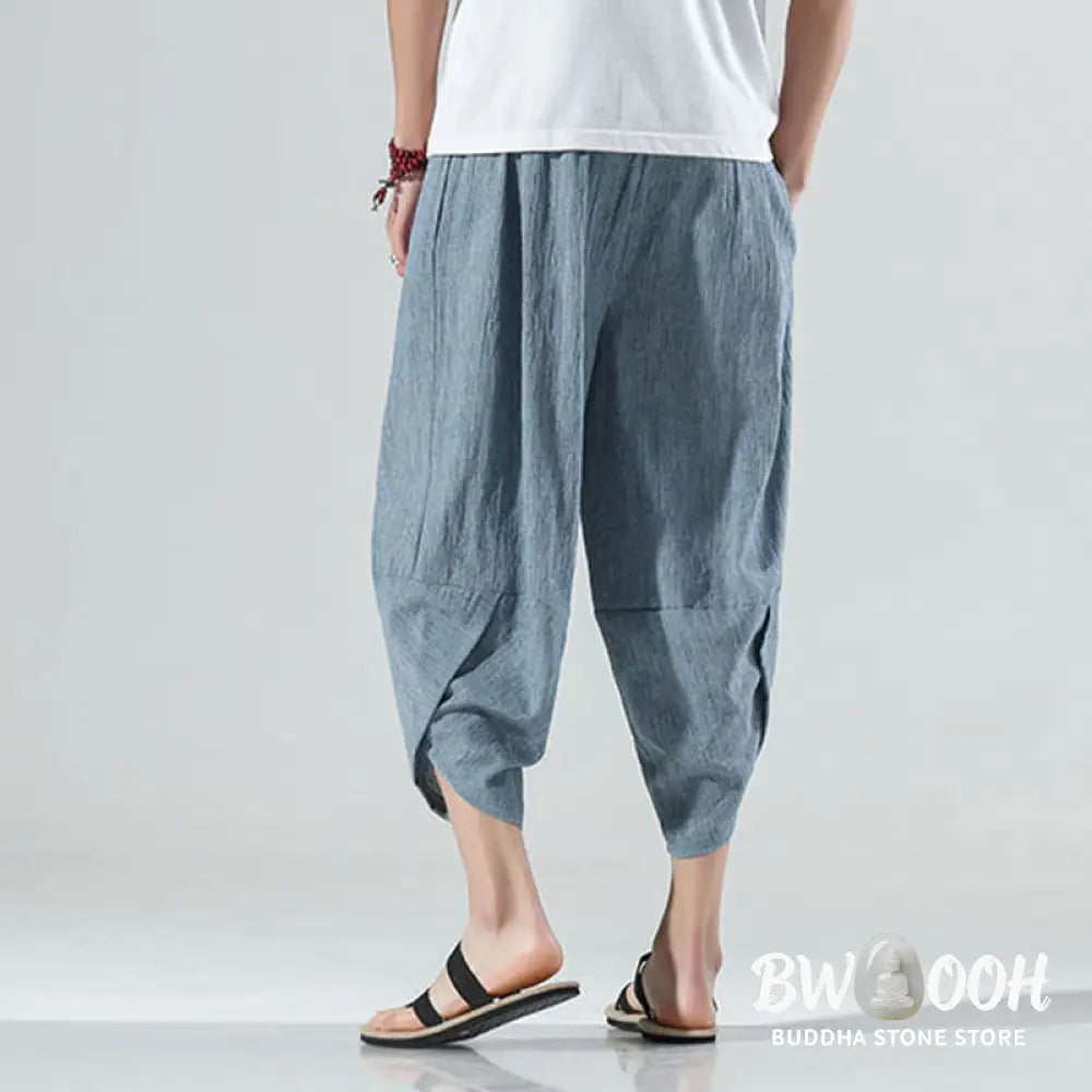 Buddha Stones Plain Simple Design Drawstring 7-8 Length Linen Men’s Harem Pants With Pockets - Men’s Tapered Pants