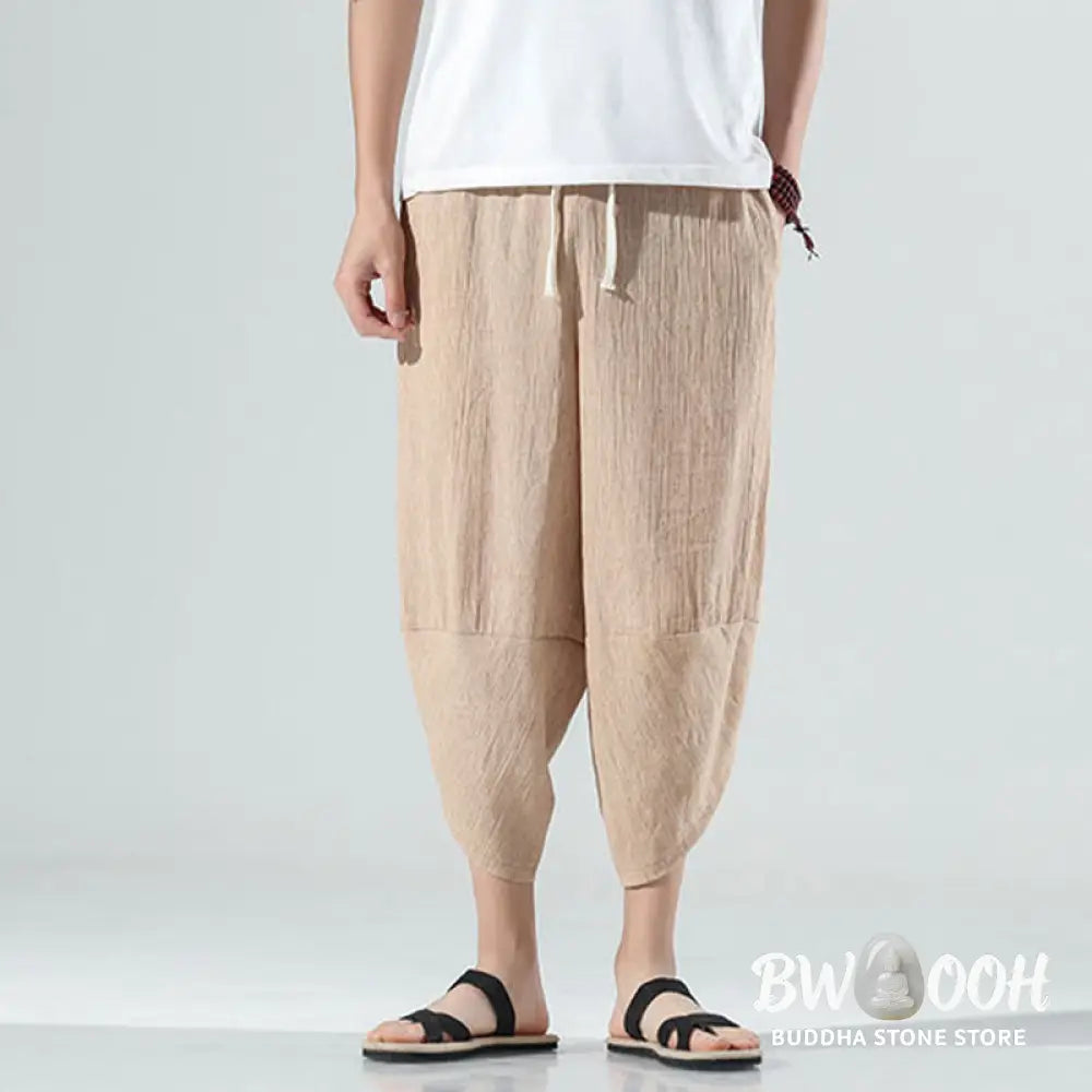 Buddha Stones Plain Simple Design Drawstring 7-8 Length Linen Men’s Harem Pants With Pockets - Men’s Tapered Pants