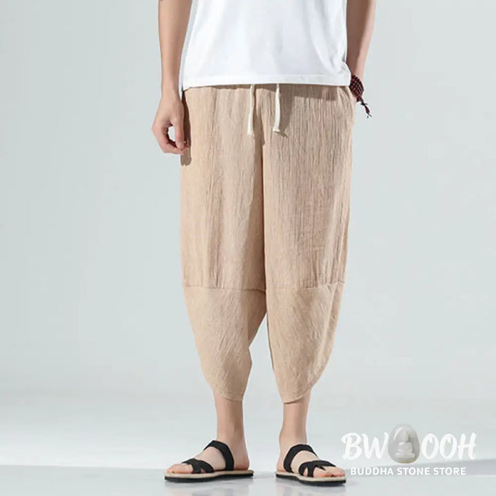 Buddha Stones Plain Simple Design Drawstring 7-8 Length Linen Men’s Harem Pants With Pockets - Men’s Tapered Pants