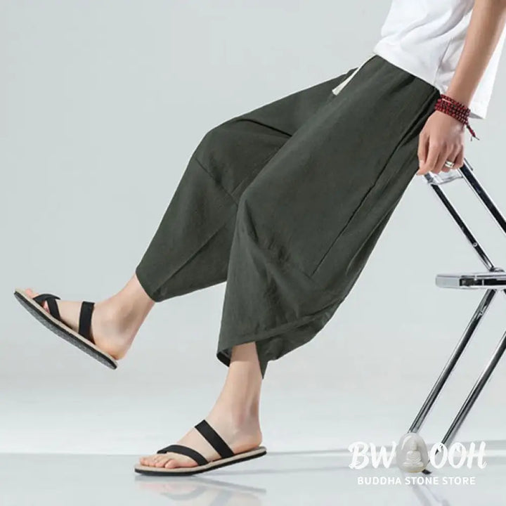 Buddha Stones Plain Simple Design Drawstring 7-8 Length Linen Men’s Harem Pants With Pockets - Men’s Tapered Pants