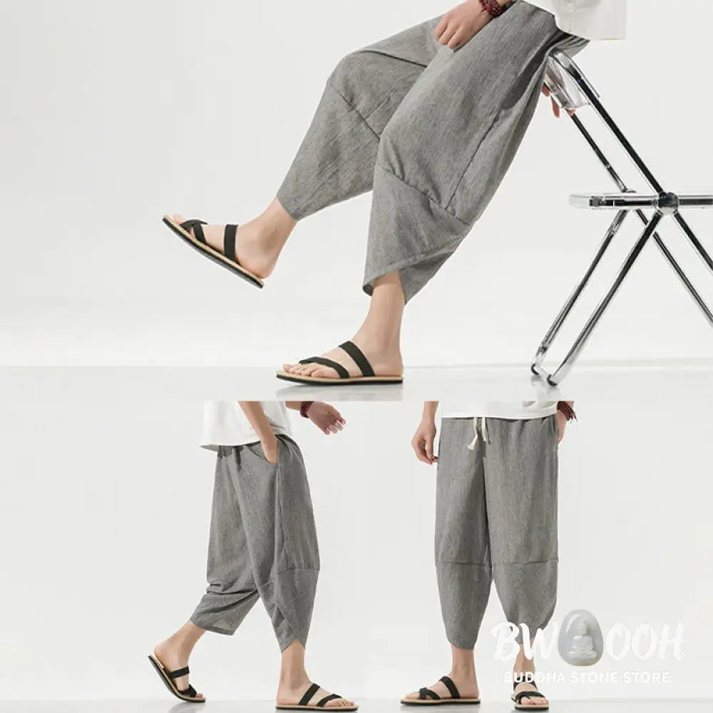 Buddha Stones Plain Simple Design Drawstring 7-8 Length Linen Men’s Harem Pants With Pockets - Men’s Tapered Pants