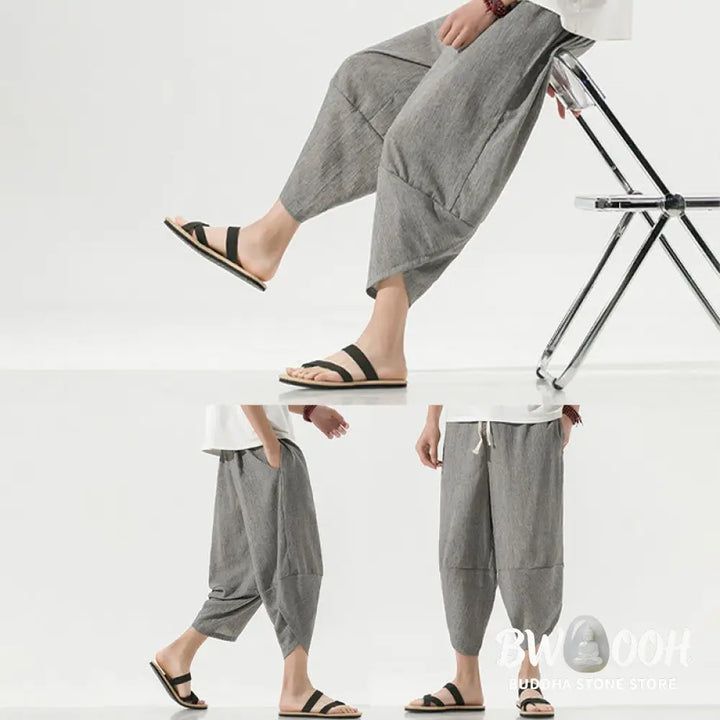 Buddha Stones Plain Simple Design Drawstring 7-8 Length Linen Men’s Harem Pants With Pockets - Men’s Tapered Pants