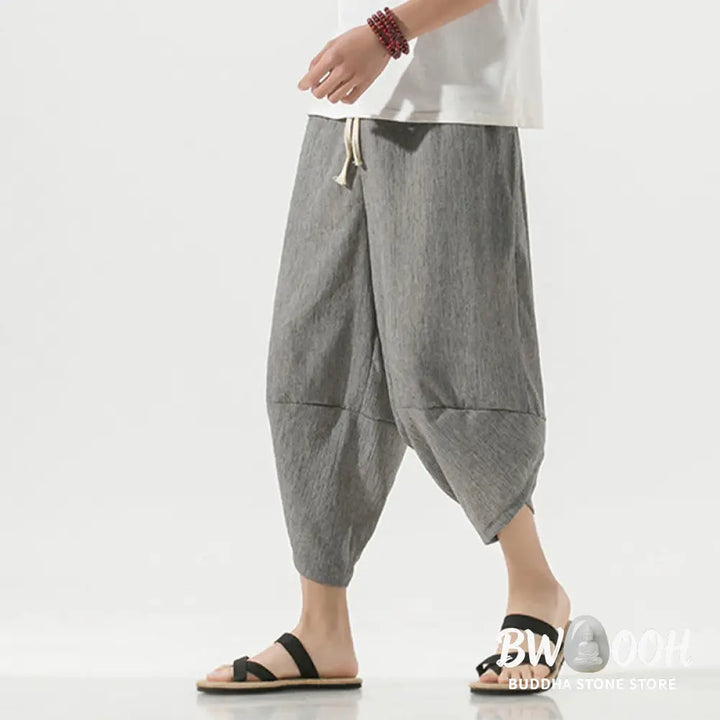 Buddha Stones Plain Simple Design Drawstring 7-8 Length Linen Men’s Harem Pants With Pockets - Men’s Tapered Pants