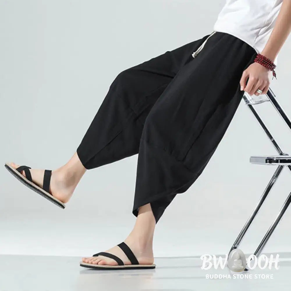 Buddha Stones Plain Simple Design Drawstring 7-8 Length Linen Men’s Harem Pants With Pockets - Men’s Tapered Pants