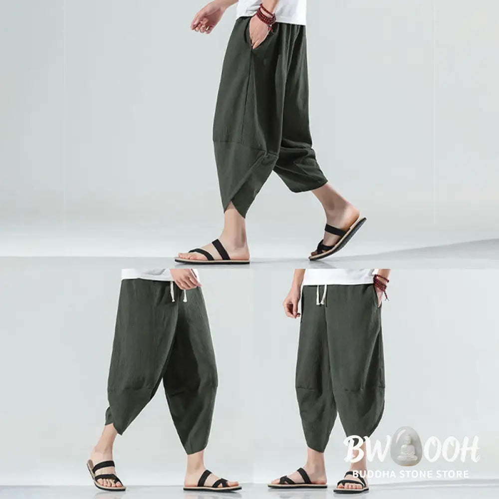 Buddha Stones Plain Simple Design Drawstring 7-8 Length Linen Men’s Harem Pants With Pockets - Men’s Tapered Pants