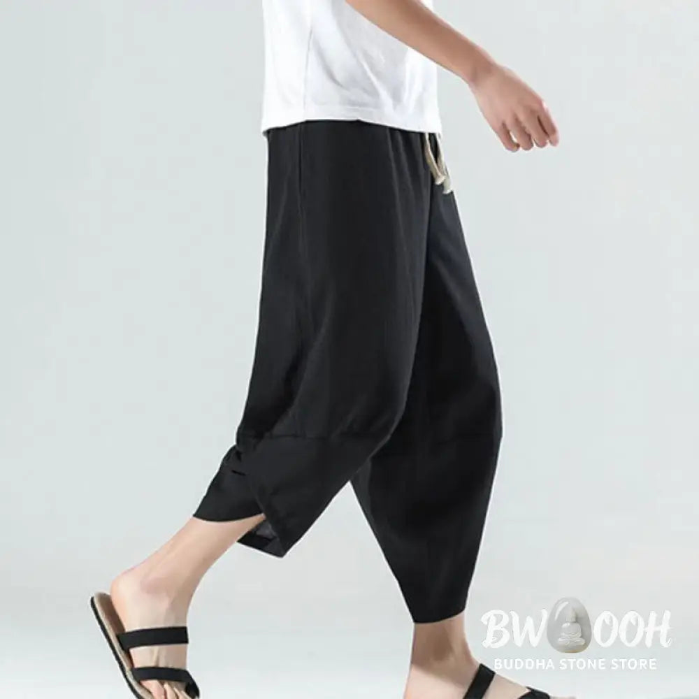 Buddha Stones Plain Simple Design Drawstring 7-8 Length Linen Men’s Harem Pants With Pockets - Men’s Tapered Pants