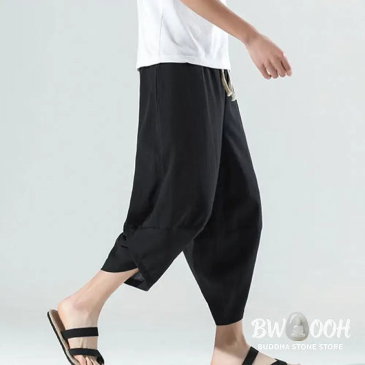 Buddha Stones Plain Simple Design Drawstring 7-8 Length Linen Men’s Harem Pants With Pockets - Men’s Tapered Pants