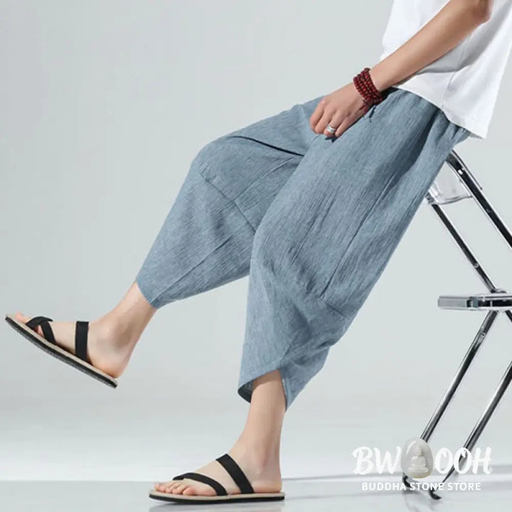 Buddha Stones Plain Simple Design Drawstring 7-8 Length Linen Men’s Harem Pants With Pockets - Men’s Tapered Pants