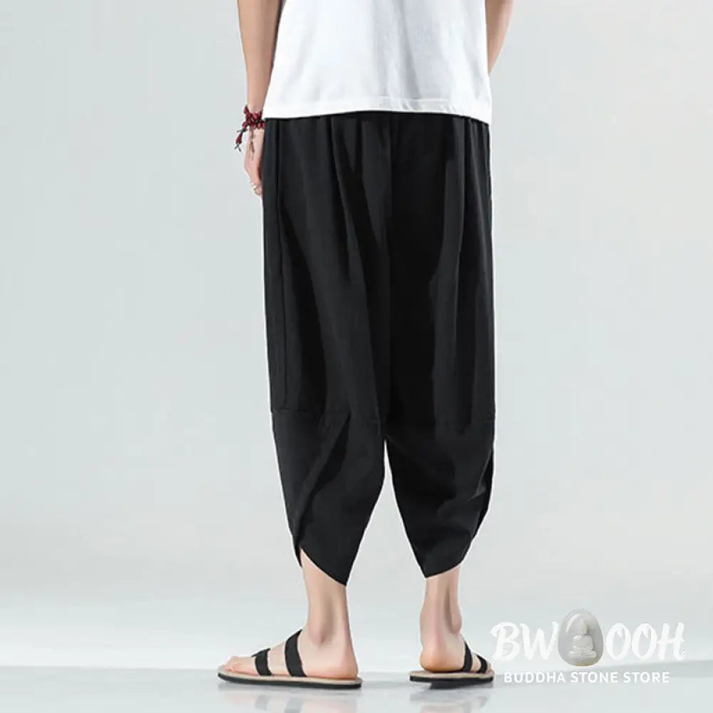 Buddha Stones Plain Simple Design Drawstring 7-8 Length Linen Men’s Harem Pants With Pockets - Men’s Tapered Pants