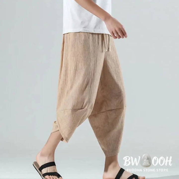 Buddha Stones Plain Simple Design Drawstring 7-8 Length Linen Men’s Harem Pants With Pockets - Men’s Tapered Pants
