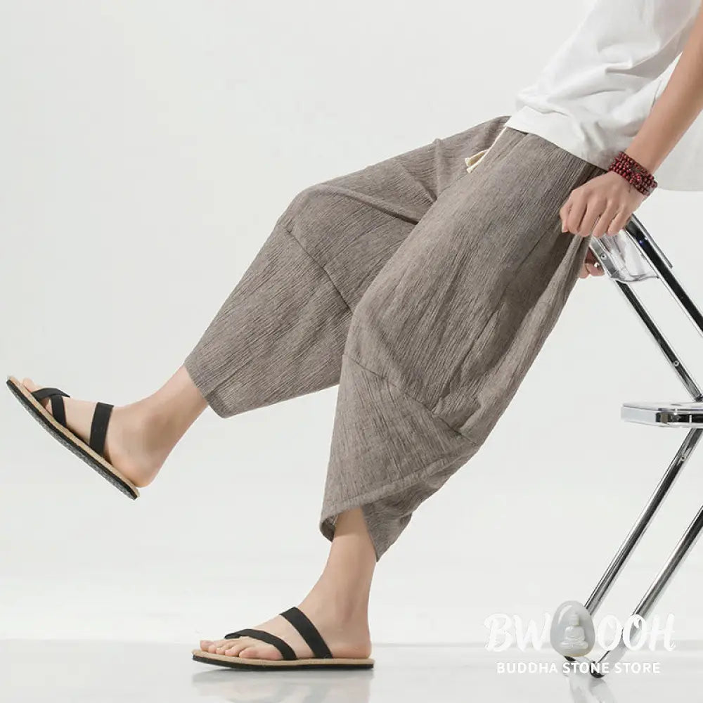 Buddha Stones Plain Simple Design Drawstring 7-8 Length Linen Men’s Harem Pants With Pockets - Men’s Tapered Pants