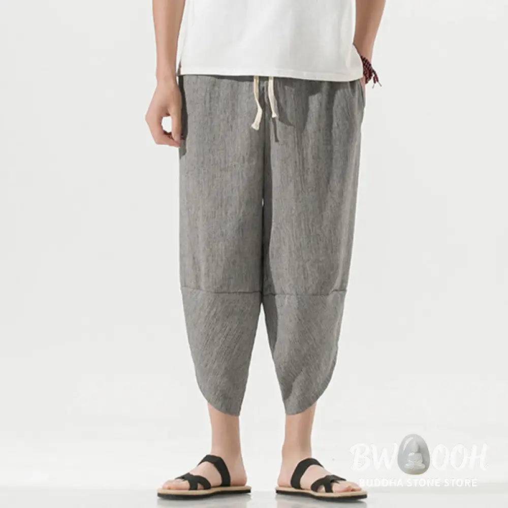Buddha Stones Plain Simple Design Drawstring 7-8 Length Linen Men’s Harem Pants With Pockets - Men’s Tapered Pants