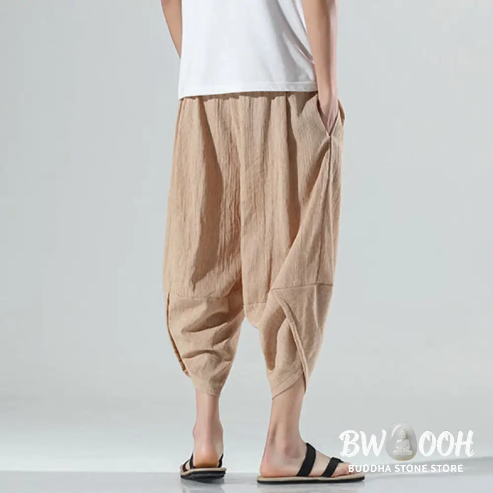 Buddha Stones Plain Simple Design Drawstring 7-8 Length Linen Men’s Harem Pants With Pockets - Men’s Tapered Pants