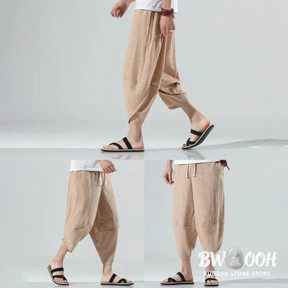 Buddha Stones Plain Simple Design Drawstring 7-8 Length Linen Men’s Harem Pants With Pockets - Men’s Tapered Pants