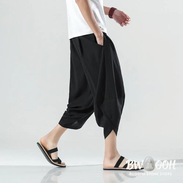 Buddha Stones Plain Simple Design Drawstring 7-8 Length Linen Men’s Harem Pants With Pockets - Men’s Tapered Pants
