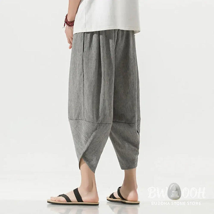 Buddha Stones Plain Simple Design Drawstring 7-8 Length Linen Men’s Harem Pants With Pockets - Men’s Tapered Pants