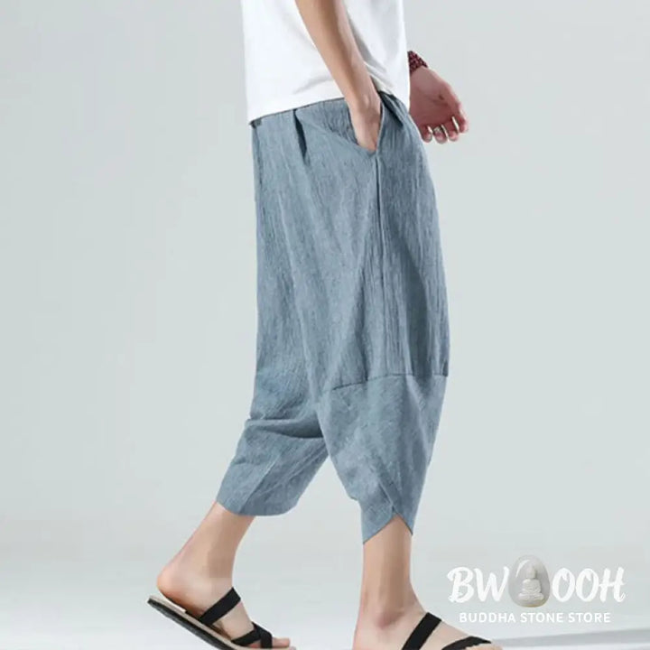 Buddha Stones Plain Simple Design Drawstring 7-8 Length Linen Men’s Harem Pants With Pockets - Men’s Tapered Pants