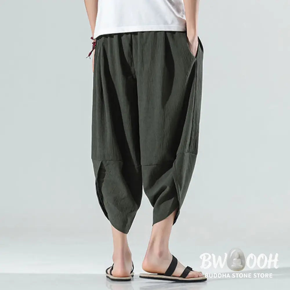 Buddha Stones Plain Simple Design Drawstring 7-8 Length Linen Men’s Harem Pants With Pockets - Men’s Tapered Pants