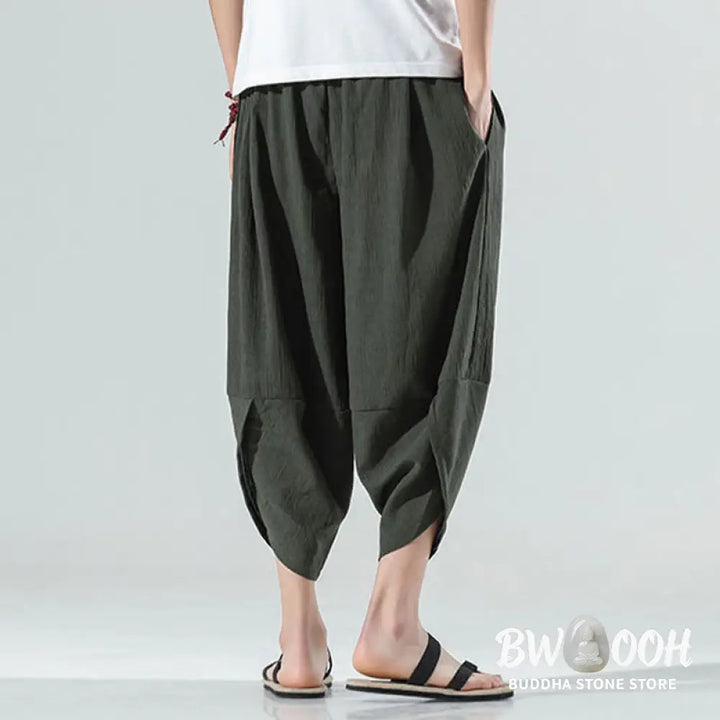 Buddha Stones Plain Simple Design Drawstring 7-8 Length Linen Men’s Harem Pants With Pockets - Men’s Tapered Pants