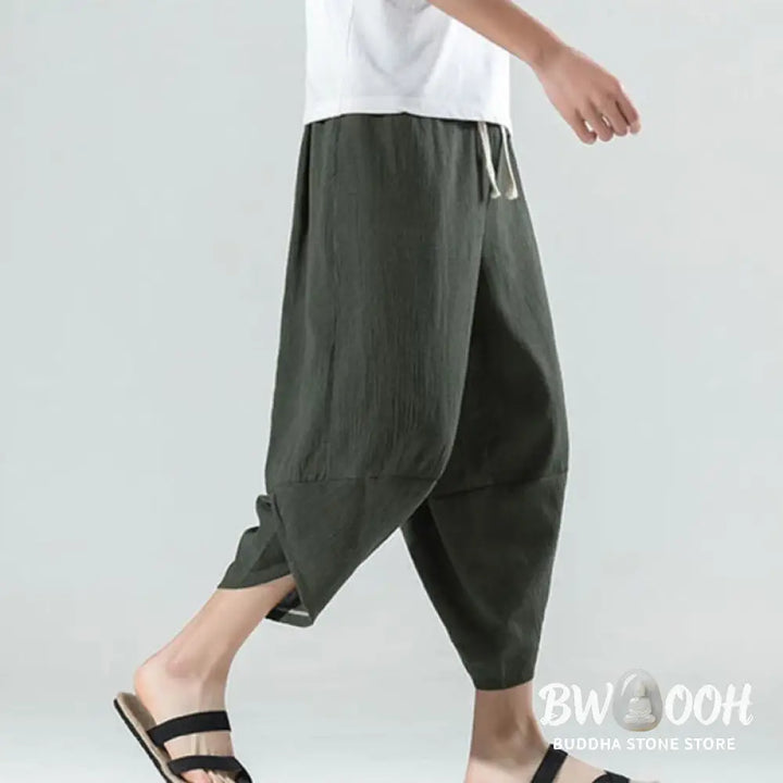 Buddha Stones Plain Simple Design Drawstring 7-8 Length Linen Men’s Harem Pants With Pockets - Men’s Tapered Pants